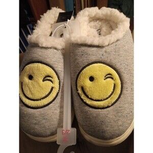 Kid M(2/3) Grey/Percy Wink Smiley Face House Slippers clogs soft comfortable